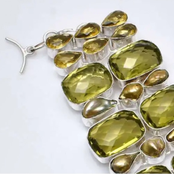 Sparkly Peridot + Citrine + Biwa Pearl multi-gem cluster statement cuff Bracelet - Picture 6 of 13